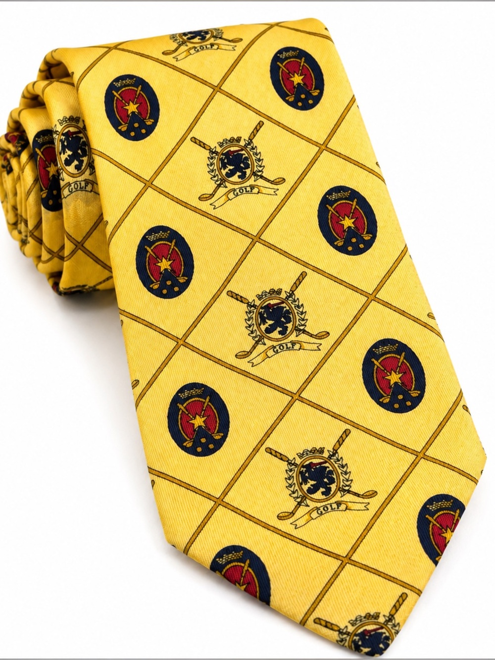 Tommy Hilfiger 100% Silk Golf Tie Yellow Crest Golf Club Necktie‎